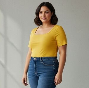 A New Approach (a.n.a) Yellow Square Neck Short Sleeve Top Size 2XL Petite 🐈